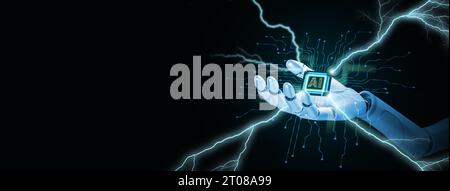 Computing power technology and performance concept. Super powerful CPU or microchip in the hand of a robot or AI, artificial intelligence, with lightn Stock Photo