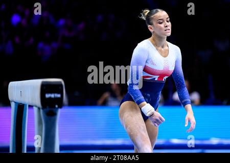 Antwerpen, Belgium. 04th Oct, 2023. Gymnastics: 2023 World Championships, Women, Team, Final, Sportpaleis. Georgia-Mae Fenton of Great Britain reacts after a fall on the balance beam. Credit: Tom Weller/dpa/Alamy Live News Stock Photo