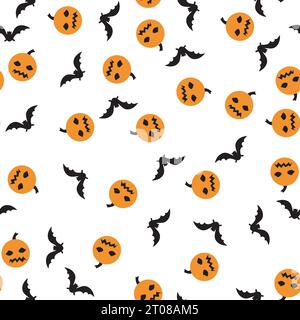 seamless halloween pumpkin and bats pattern with transparent background Stock Vector