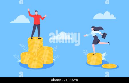 Salary and gender Inequality gap between women and men business concept flat style design vector illustration. Man and woman stand on its level of mon Stock Vector