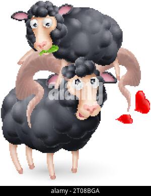Cute and Funny Two Black Sheep Characters in Love. Cartoon Illustration of Pair Lovers Sheeps with Red Hearts on White Background. Perfect Template fo Stock Vector