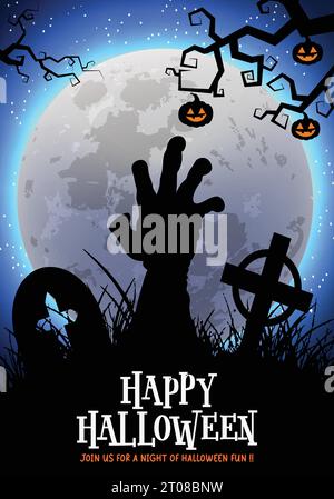 Happy halloween text vector poster design. Halloween greeting card with dead zombie hand in creepy, scary and horror silhouette grave yard background. Stock Vector