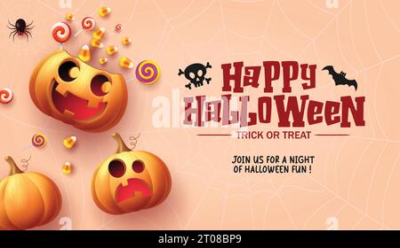 Happy halloween text vector design. Halloween trick or treat invitation card with basket pumpkins and candies elements decoration in spider web Stock Vector