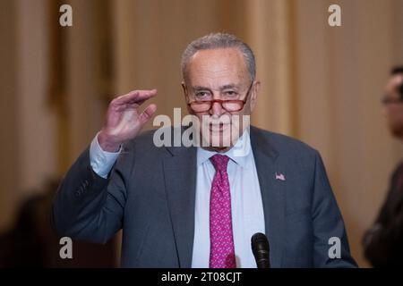 Washington, United States. 04th Oct, 2023. United States Senate Majority Leader Chuck Schumer (Democrat of New York) offers remarks following the Senate Democrat policy luncheon, at the US Capitol in Washington, DC, USA, Wednesday, October 4, 2023. Photo by Rod Lamkey/CNP/ABACAPRESS.COM Credit: Abaca Press/Alamy Live News Stock Photo