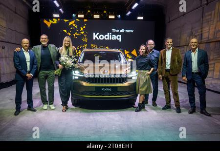 Berlin, Germany. 04th Oct, 2023. Skoda Auto, the Czech automaker presents new second generation of its largest flagship SUV, the Kodiaq in Berlin, Germany, October 4, 2023. On the photo pose Skoda Auto board members, from left Johannes Neft, Martin Jahn and second from right Klaus Zellmer, chairman of the board. Credit: Michaela Rihova/CTK Photo/Alamy Live News Stock Photo
