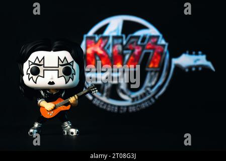 Funko POP vinyl figure of Spaceman Ace Frehley guitarist of the american heavy metal group Kiss over black background. Illustrative editorial of Funko Stock Photo