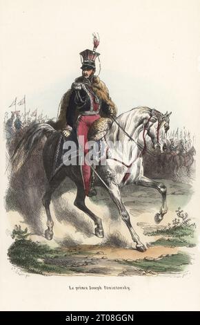Prince Józef Poniatowski, Polish general, 1763-1813. Marshal of the French Empire during the Napoleonic Wars. On horseback in schako and officer's uniform in front of Polish lancers. Le prince Joseph Poniatowsky. Handcoloured woodcut by Francois Rouget  after an illustration by Hippolyte Bellangé from P.M. Laurent de l’Ardeche’s Histoire de Napoleon, Paris, 1840. Stock Photo
