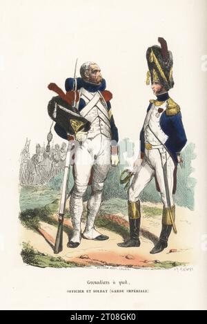 Grenadiers of the French Imperial Guard (private and officer). Infantry soldier in blue coat, red epaulettes, white trousers and gaiters, holding a bearskin with brass plate. Grenadiers a pied. Officier et Soldat Garde Imperiale. Handcoloured woodcut by Andrew Best Leloir after an illustration by Hippolyte Bellangé from P.M. Laurent de l’Ardeche’s Histoire de Napoleon, Paris, 1840. Stock Photo