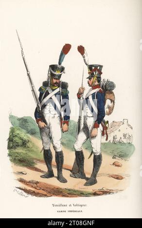 Uniforms of French Imperial Guard rifleman and skirmisher regiments, 1804-1814. In shako, blue coats with red or green epaulettes, breeches and gaiters, armed with muskets. Tirailleur et Voltigeur, Garde Imperiale. Handcoloured woodcut by Nicolas Barbant  after an illustration by Hippolyte Bellangé from P.M. Laurent de l’Ardeche’s Histoire de Napoleon, Paris, 1840. Stock Photo