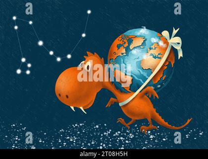 Year of the Dragon Chinese zodiac. Cartoon character Dragon carries the planet Earth. Cosmic sky with the dragon constellation. Stock Photo