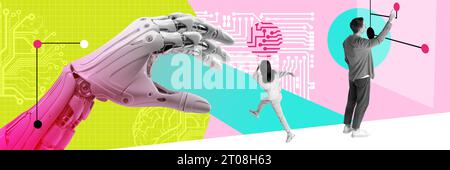 Man and woman working with artificial intelligence services, using network support. Contemporary art collage. Stock Photo