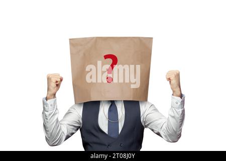 Businessman in suit and paper bag with question isolated on white background Stock Photo