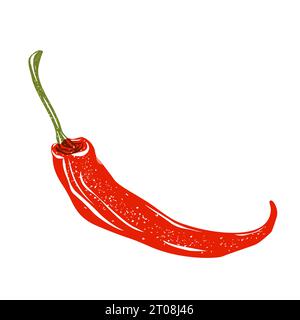Red hot pepper chili on a white background. Riso print effect. Illustration for textile print design. Screen-cut print of hot pepper red image. Stock Vector