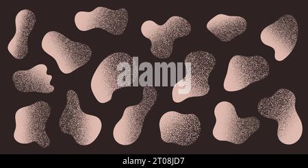 White Amoeba blob with gritty texture, organic abstract shape. Set of Liquid amorphous shapes, fluid blotch collection. Grain sandstone on dark background. Stock Vector