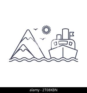 Cruise liner near the island linear icon, Sea trip on the ship, Mountains on the island. Vector linear illustration of isolates Stock Vector