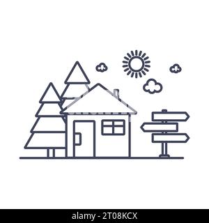Cabin near the forest linear icon. Road sign near the cottage Christmas tree forest recreation in nature, vector illustration Stock Vector
