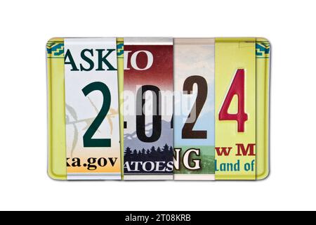 2024 written with US license plates, isolated on white background Stock Photo