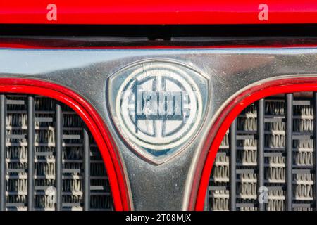 shabby lancia hood ornament on the grill of a legendary rally car. vehicle of a red color Stock Photo