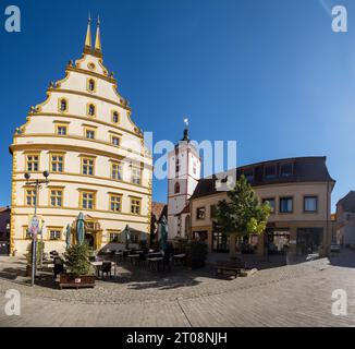 The Seinsheim Castle, tower of the church of St. Nikolai, town of Marktbreit, district of Kitzingen, Lower Franconia, Bavaria, Germany Stock Photo
