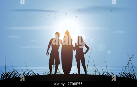 Surfer silhouette with on the beach Stock Vector
