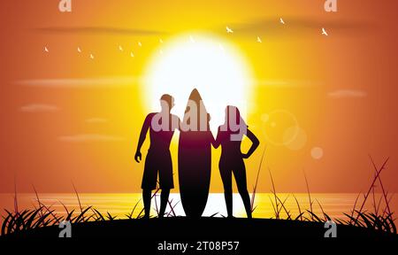 Surfer silhouette with on the beach Stock Vector