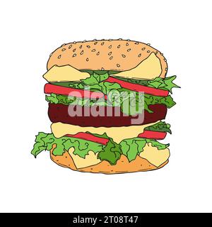 Burger hamburger hand drawn contour colored, bun with meat cutlet, lettuce, cheese and tomato slices. Vector illustration Stock Vector