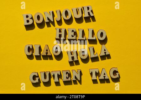 Hello, word in different European languages including French, English Italian, Spanish and German Stock Photo