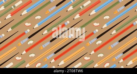 Seamless pattern with various pencils and crayons Stock Vector