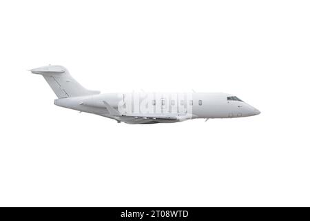 Luxury private jet plane flying isolated on white background Stock Photo