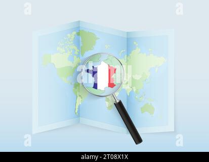 A folded world map with a magnifying lens pointing towards France. Map and flag of Italy in loupe. Vector illustration in blue color tone. Stock Vector