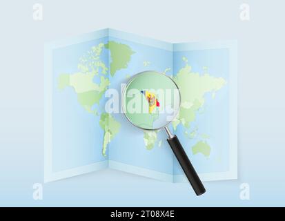 A folded world map with a magnifying lens pointing towards Moldova. Map and flag of Italy in loupe. Vector illustration in blue color tone. Stock Vector