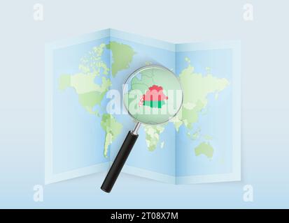 A folded world map with a magnifying lens pointing towards Belarus. Map and flag of Italy in loupe. Vector illustration in blue color tone. Stock Vector