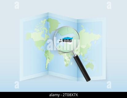 A folded world map with a magnifying lens pointing towards Estonia. Map and flag of Italy in loupe. Vector illustration in blue color tone. Stock Vector