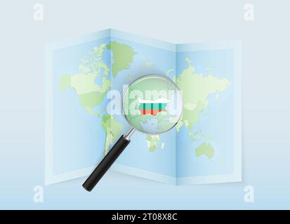 A folded world map with a magnifying lens pointing towards Bulgaria. Map and flag of Italy in loupe. Vector illustration in blue color tone. Stock Vector