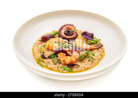 Risotto with jumbo shrimp and octopus on a white porcelain plate on white background. Seafood risotto Stock Photo