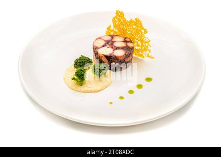 Octopus terrine or octopus carpaccio with sauces on a white porcelain plate Stock Photo