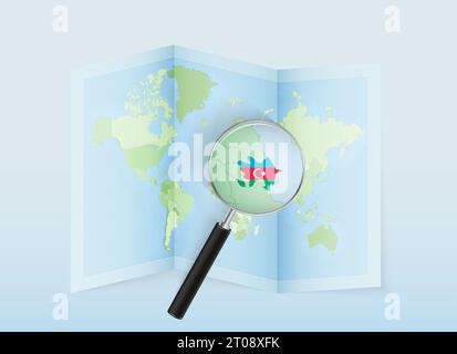 A folded world map with a magnifying lens pointing towards Azerbaijan. Map and flag of Italy in loupe. Vector illustration in blue color tone. Stock Vector