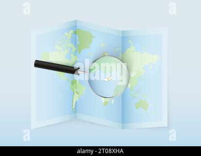A folded world map with a magnifying lens pointing towards Cyprus. Map and flag of Italy in loupe. Vector illustration in blue color tone. Stock Vector