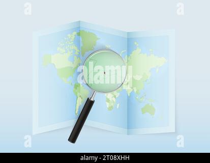 A folded world map with a magnifying lens pointing towards Liechtenstein. Map and flag of Italy in loupe. Vector illustration in blue color tone. Stock Vector