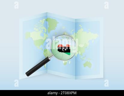 A folded world map with a magnifying lens pointing towards Libya. Map and flag of Italy in loupe. Vector illustration in blue color tone. Stock Vector