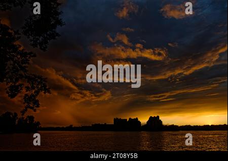 Crazy sunset on an cloudy stormy sky in Montreal Stock Photo