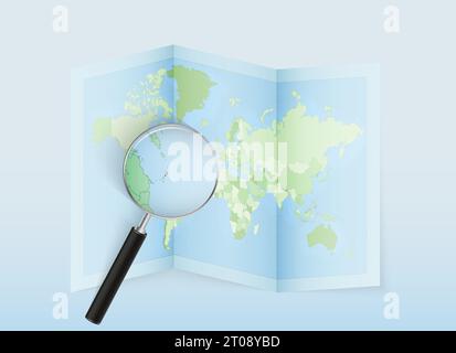 A folded world map with a magnifying lens pointing towards Dominica. Map and flag of Italy in loupe. Vector illustration in blue color tone. Stock Vector