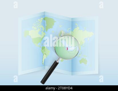 A folded world map with a magnifying lens pointing towards Qatar. Map and flag of Italy in loupe. Vector illustration in blue color tone. Stock Vector