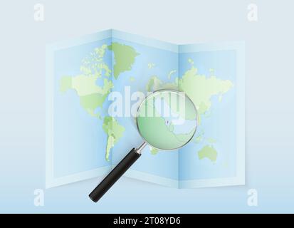 A folded world map with a magnifying lens pointing towards Bahrain. Map and flag of Italy in loupe. Vector illustration in blue color tone. Stock Vector