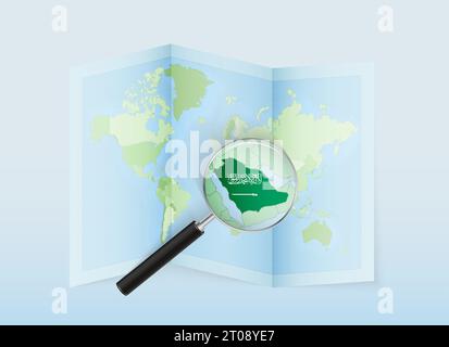 A folded world map with a magnifying lens pointing towards Saudi Arabia. Map and flag of Italy in loupe. Vector illustration in blue color tone. Stock Vector