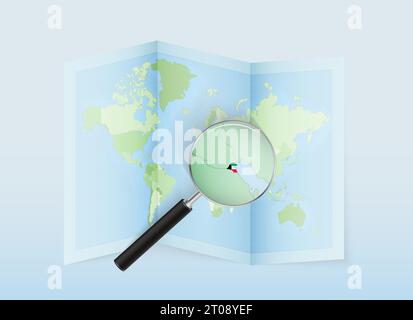 A folded world map with a magnifying lens pointing towards Kuwait. Map and flag of Italy in loupe. Vector illustration in blue color tone. Stock Vector