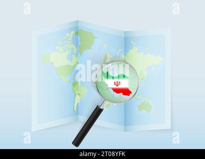A folded world map with a magnifying lens pointing towards Iran. Map and flag of Italy in loupe. Vector illustration in blue color tone. Stock Vector