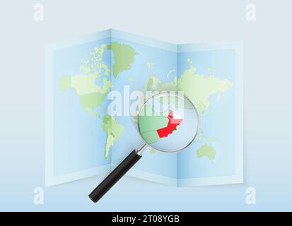 A folded world map with a magnifying lens pointing towards Oman. Map and flag of Italy in loupe. Vector illustration in blue color tone. Stock Vector