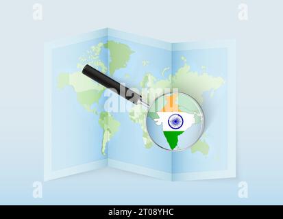 A folded world map with a magnifying lens pointing towards India. Map and flag of Italy in loupe. Vector illustration in blue color tone. Stock Vector