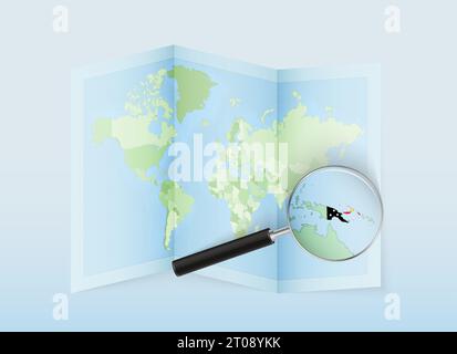 A folded world map with a magnifying lens pointing towards Papua New Guinea. Map and flag of Italy in loupe. Vector illustration in blue color tone. Stock Vector